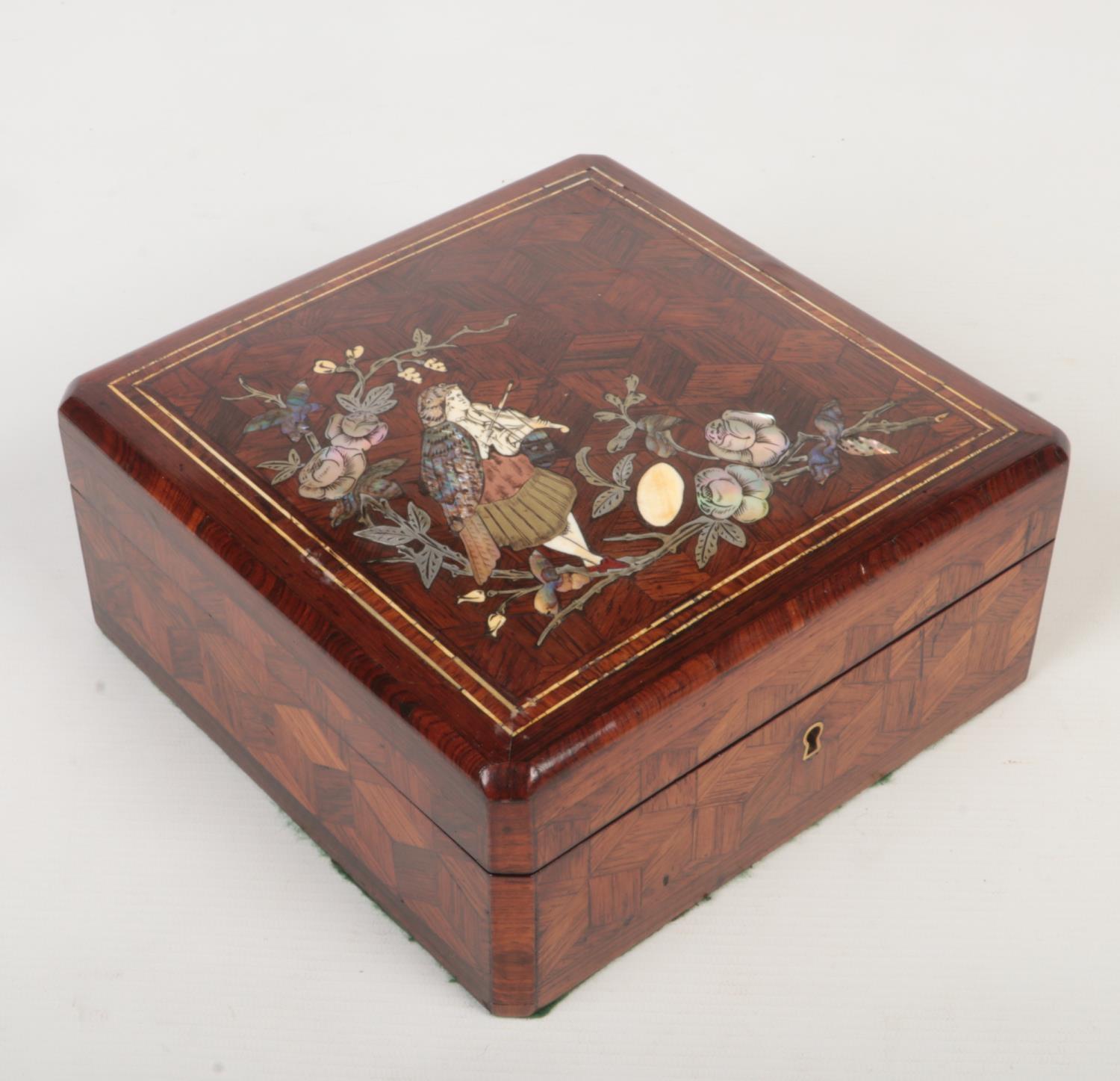 A 19th century French kingwood parquetry jewellery casket with cushioned silk interior. Inlaid to