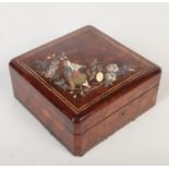 A 19th century French kingwood parquetry jewellery casket with cushioned silk interior. Inlaid to