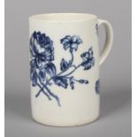 A rare Caughley cylindrical mug with grooved strap handle. Printed in underglaze blue with the