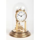 An early 20th century brass torsion clock under glass dome. With white enamel dial having Arabic