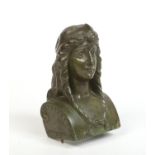 After Jean Goujon, a verdigris bronze bust of a medieval maiden wearing a tiara and raised on a