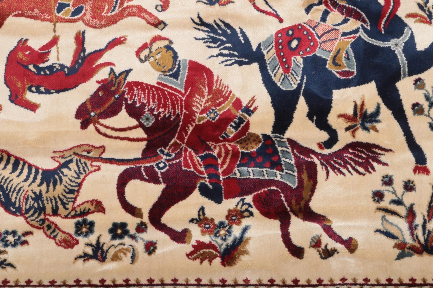 Red ground Kashmir rug with a traditional hunting scene, 240 x 160cm. - Image 2 of 4