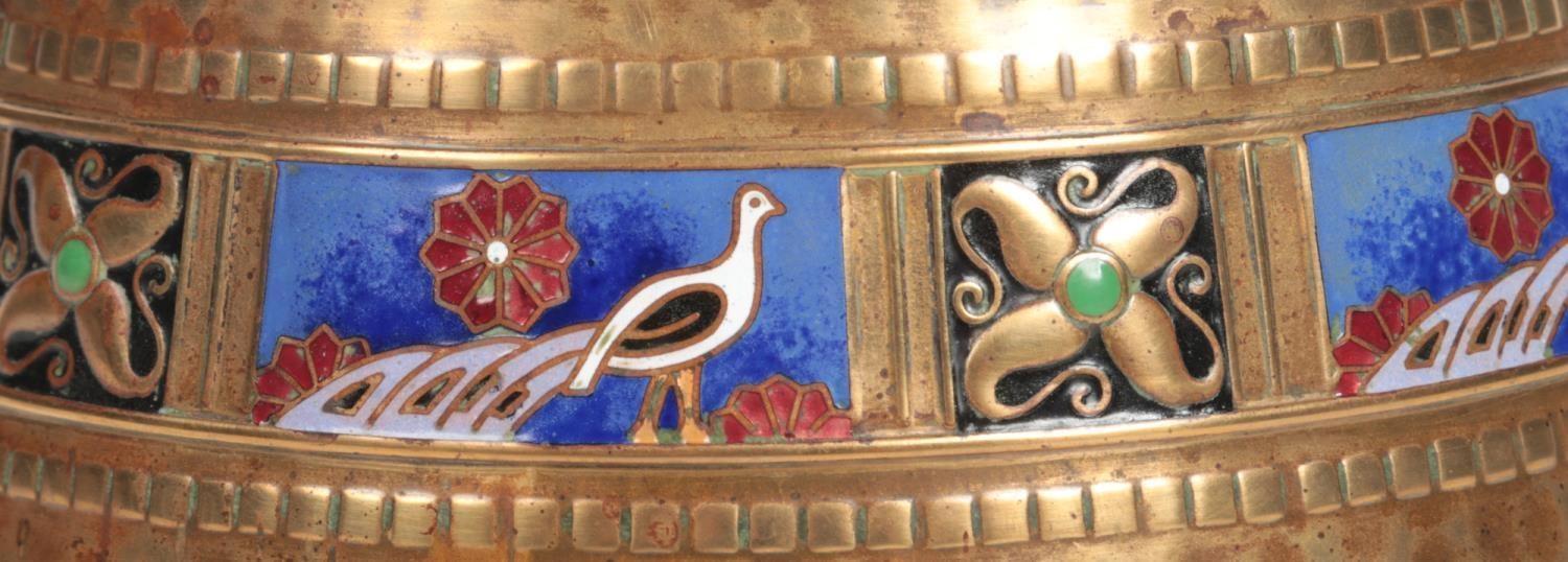 A WMF small planished brass planter. With an enamelled band depicting peacocks interspersed with - Image 5 of 6