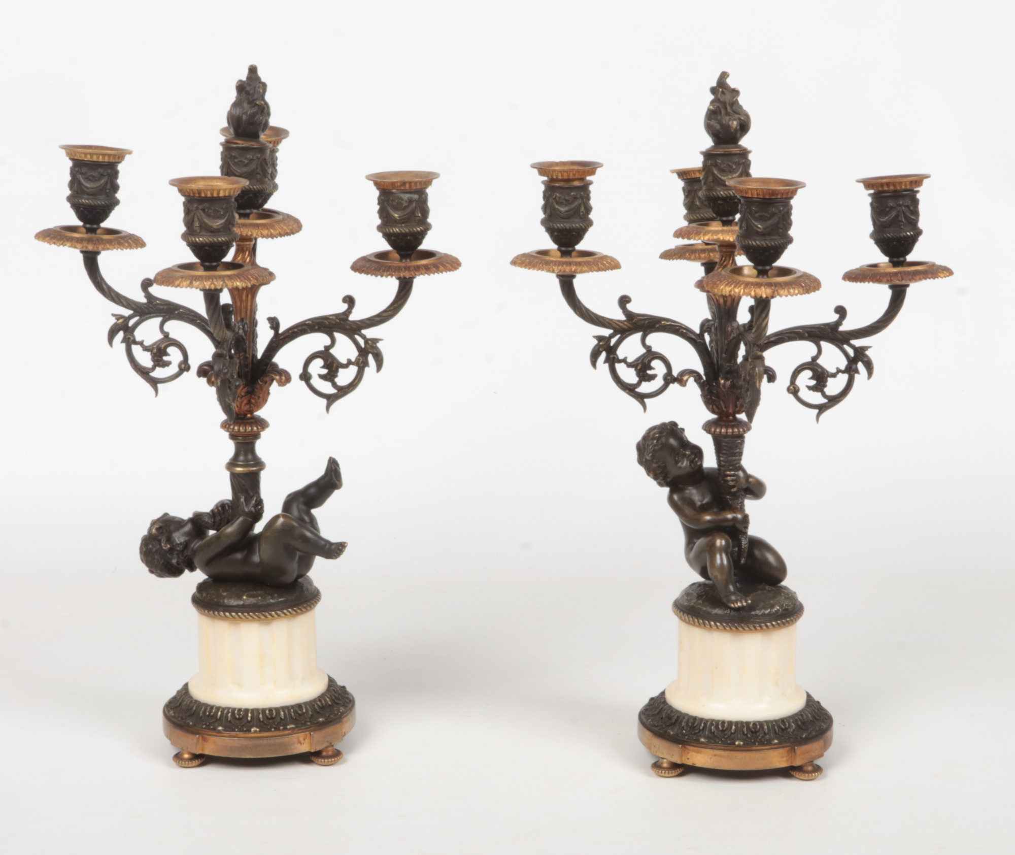 A pair of 19th century French parcel gilt bronze and marble five branch candelabra raised on flatted - Image 4 of 11