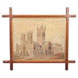 A Victorian woolwork embroidery in chamfered oak frame with gilt fillet. View of Lincoln