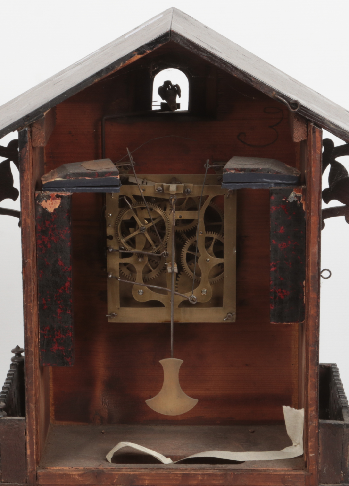 A 19th century Black Forest cuckoo mantel clock. With triangular pediment, acanthus scrolling - Image 3 of 3