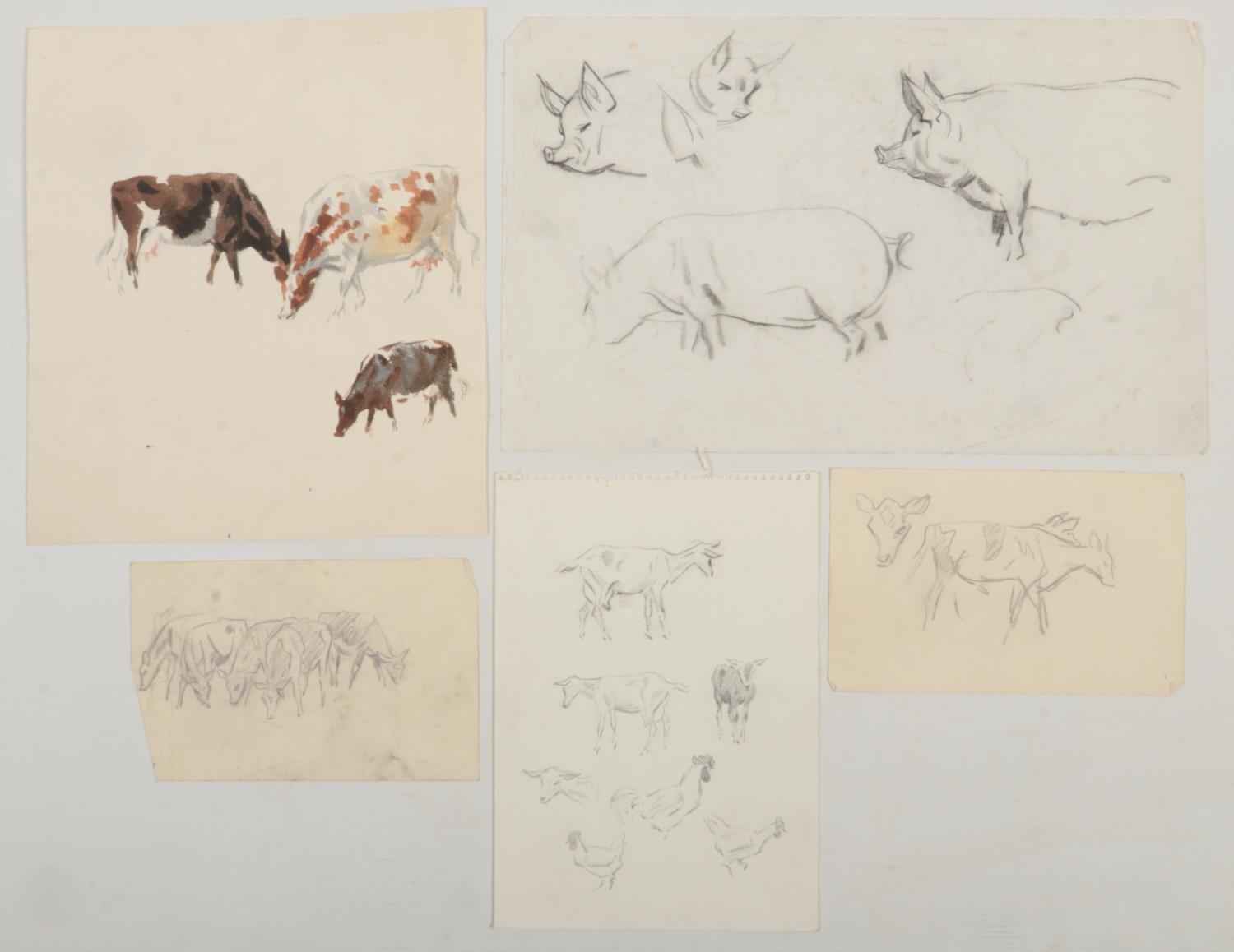 Harry Arthur Riley R.I. (1895-1966), a watercolour of three cows grazing, along with four sketches