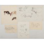 Harry Arthur Riley R.I. (1895-1966), a watercolour of three cows grazing, along with four sketches