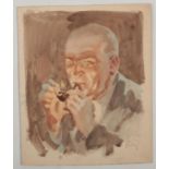 Harry Arthur Riley R.I. (1895-1966), a watercolour on board, study of a gentleman lighting his pipe,