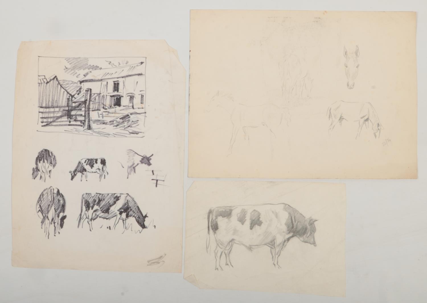 Harry Arthur Riley R.I. (1895-1966), three pencil/ charcoal sketches, studies of cows and horses. (