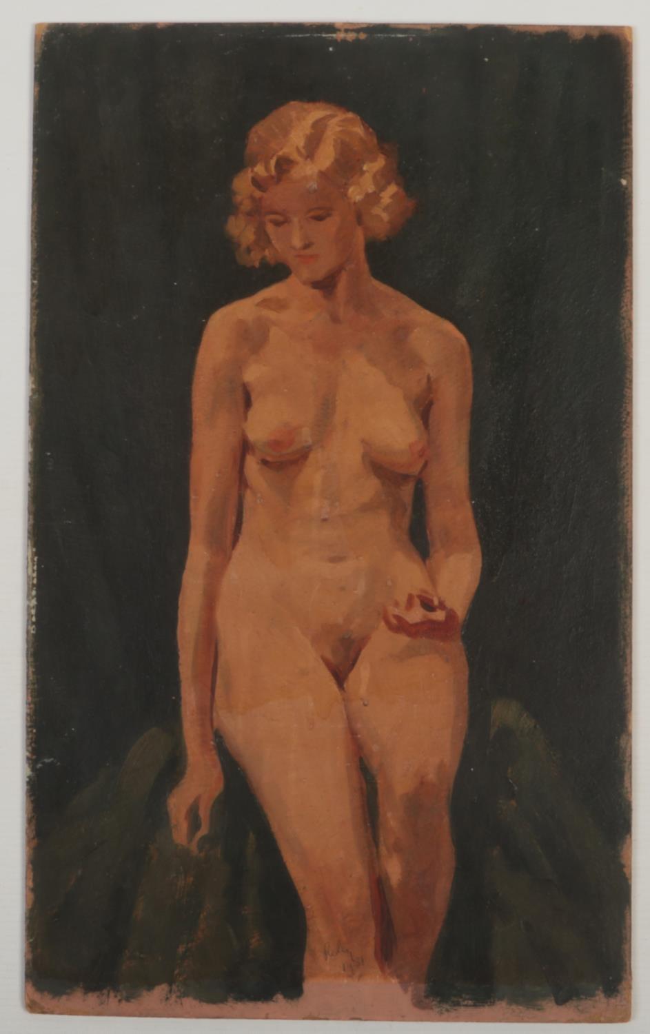 Harry Arthur Riley R.I. (1895-1966), an oil on board, study of a nude female, signed Riley and dated