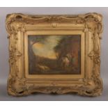 A 19th century gilt frame oil on board, rural scene with a man, horse and other farm animals, signed