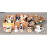 Three boxes of miscellaneous, figurines, jugs, place mats etc