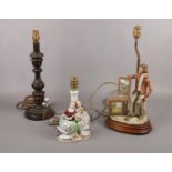 Three Table lamps, two ceramic figurine and wooden example