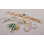 A collection of costume jewellery, to include Meka manual dress watch, brooches, rings etc.