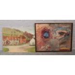 A framed mid century abstract oil, along with an oil on board landscape street scene signed Benois.