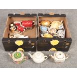Two boxes of miscellaneous ceramic teapots, included J&T Meakin teapot, Falconware "Wishing well"