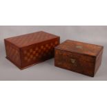 A mahogany and oak parquetry inlaid box, along with a Victorian walnut fitted work box.