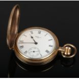 A gold plated full hunter Waltham pocket watch. Watch is running, adjuster not working.