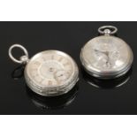 Two silver cased pocket watches with silvered dials, one assayed Birmingham 1890 and the other