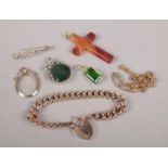 A collection of vintage jewellery, to include agate cross pendant, swivel fob, yellow metal bracelet