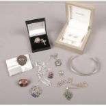 A collection of silver jewellery, to include paste set earrings, pendants on chains, Civic Crown