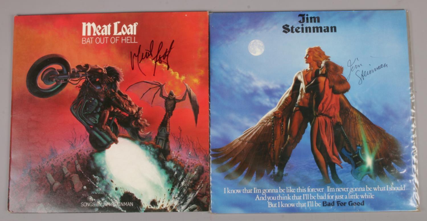 Two autographed LP records, Meatloaf Bat Out Of Hell and Jim Steinman Bad For Good.