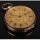 A 9ct gold pocket watch, yellow metal dial and roman numeral markers. Watch is not running.