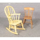 A child's painted wooden rocking chair to include a child's wooden chair