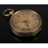 A 14ct gold cased pocket watch, yellow metal dial with floral decoration and roman numeral