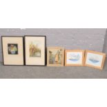 A selection of five framed pictures in a variety of media to include, a framed watercolour of a