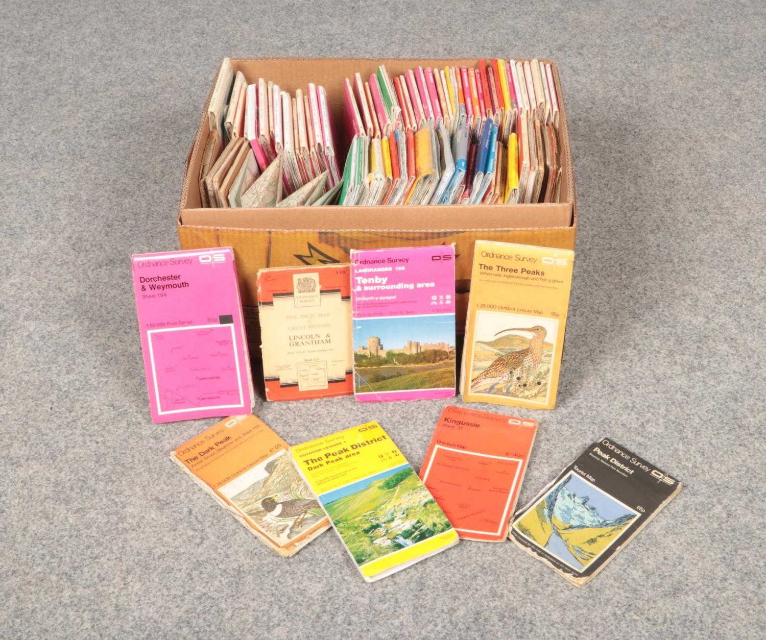 A box of Ordnance survey maps to include; Lake District, Bristol & Bath, Clan maps of the Scottish