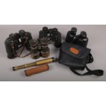 An Embeeco telescope with canvas case along with a quantity of binoculars to include Halina,