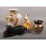 A mixed group to include Royal Doulton figure of lady, Bretby cat, art glass vase and a studio