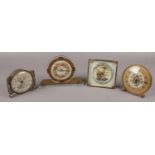 Four ornate mantel clocks to include tapestry and glass examples etc. No clocks wind. Keys present.