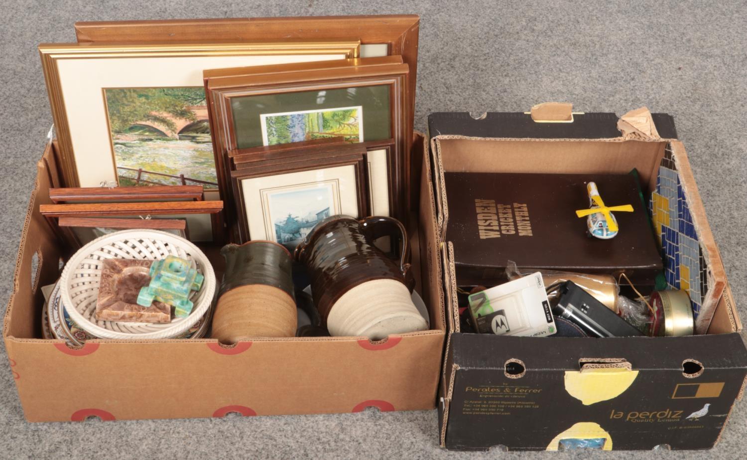 Two boxes of miscellaneous, to include framed watercolours, cabinet plates, Wisden Cricket Monthly