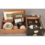 Two boxes of miscellaneous, to include framed watercolours, cabinet plates, Wisden Cricket Monthly
