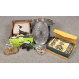 Two boxes of miscellaneous, Wade whimsles animals, Sylvac Rabbits & cat, silver plated trays,