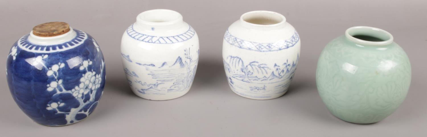 Four Chinese ceramic jars to include blue & white & celadon examples etc.