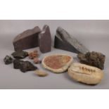 A collection of geological specimens, to include fossils, fossilised teeth, slate etc.