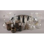 A collection of glass and silver plate, to include pair of silver mounted vases, WMF fish platter,