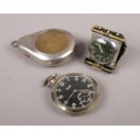 An Art Deco folding timepiece, along with a Kienzle military style pocket watch in protective case.