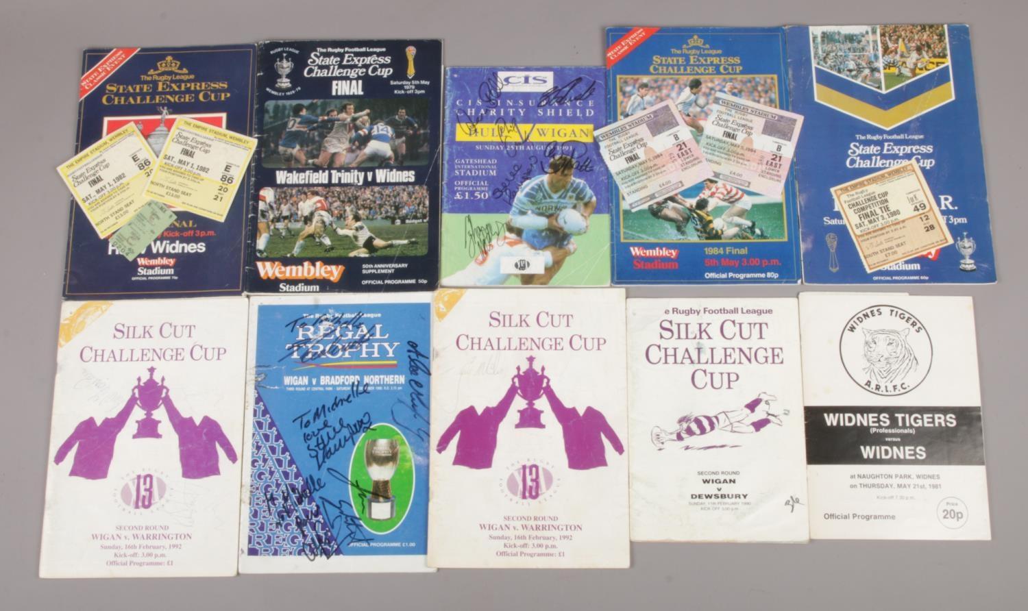 Ten Rugby League cup matchday programmes, to include tickets and autographs.