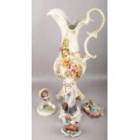 A collection of capodimonte ceramics to include large ewer, figures etc. Most pieces damaged.