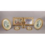Four pairs of framed art prints and miniatures to include, a pair of oval framed prints of a woman