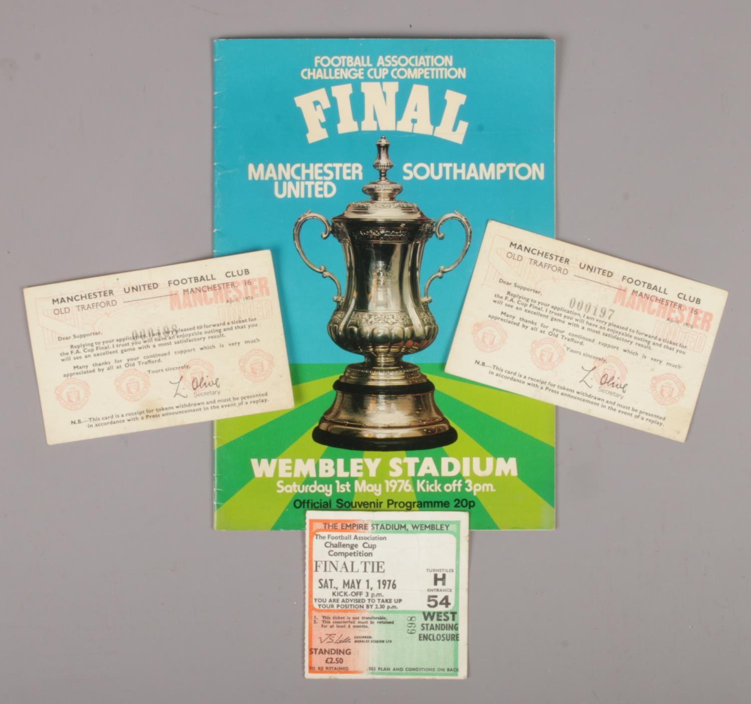 A 1976 FA Cup final football souvenir programme, Manchester United vs Southampton, with two