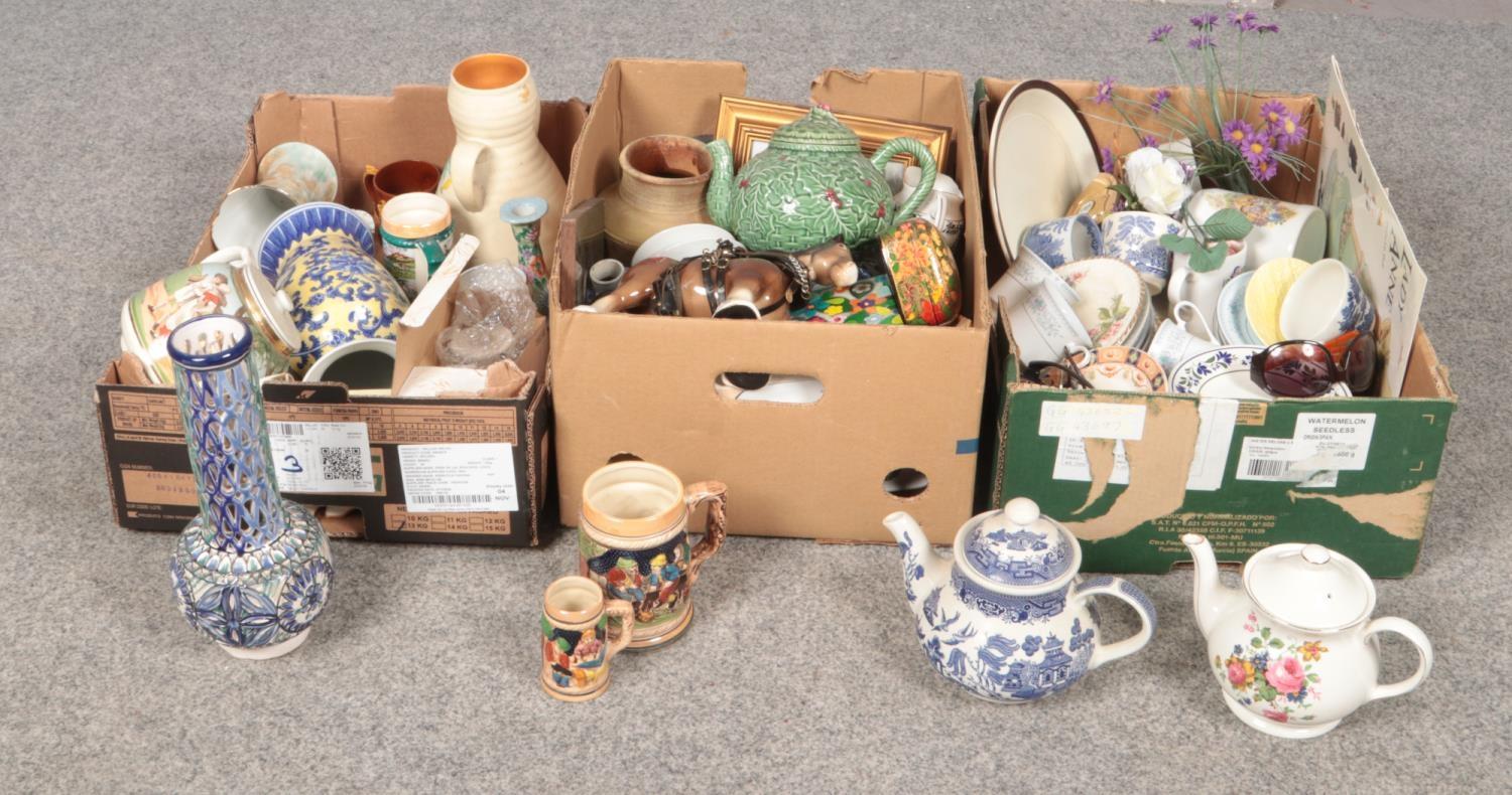 Three boxes of miscellaneous, Wedgwood, Sadler, Churchill, examples, Teapots, Tankards, plates etc
