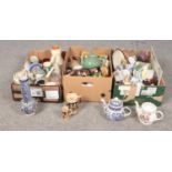 Three boxes of miscellaneous, Wedgwood, Sadler, Churchill, examples, Teapots, Tankards, plates etc