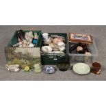 Three boxes of miscellaneous to include, Silvac 4207 deep green leaf pattern vase, Johnson Bros,