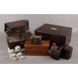 A group of collectables, to include wooden boxes, puzzle ball, ceramic horses etc.